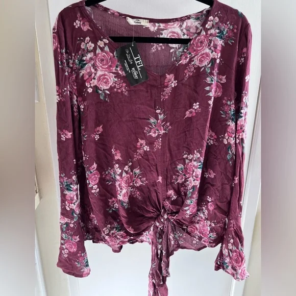Entro Floral Long Bell Sleeves, front tie blouse - Picture 1 of 5